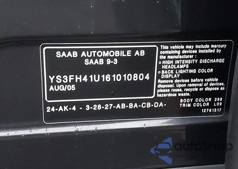 2006 Saab 9-3 Aero z USA, uszkodzony, nr VIN YS3FH41U161010804